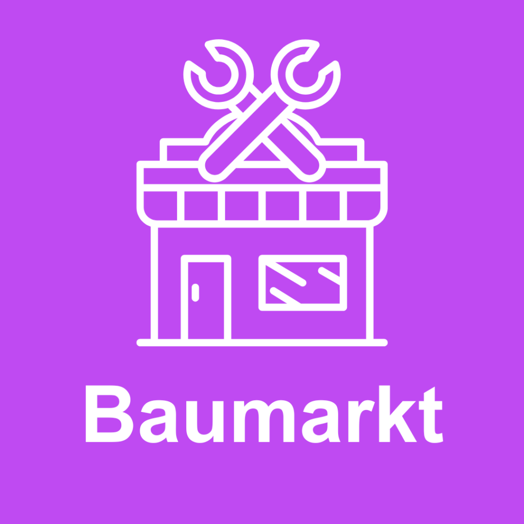 Piktogramm eines Gebäudes mit Schaufenster und Tür, über dem zwei gekreuzte Schraubenschlüssel abgebildet sind. Auf dem lila Hintergrund steht darunter in weißer Schrift das Wort „Baumarkt“, was auf den Bereich Heimwerken und Bauen hinweist.
