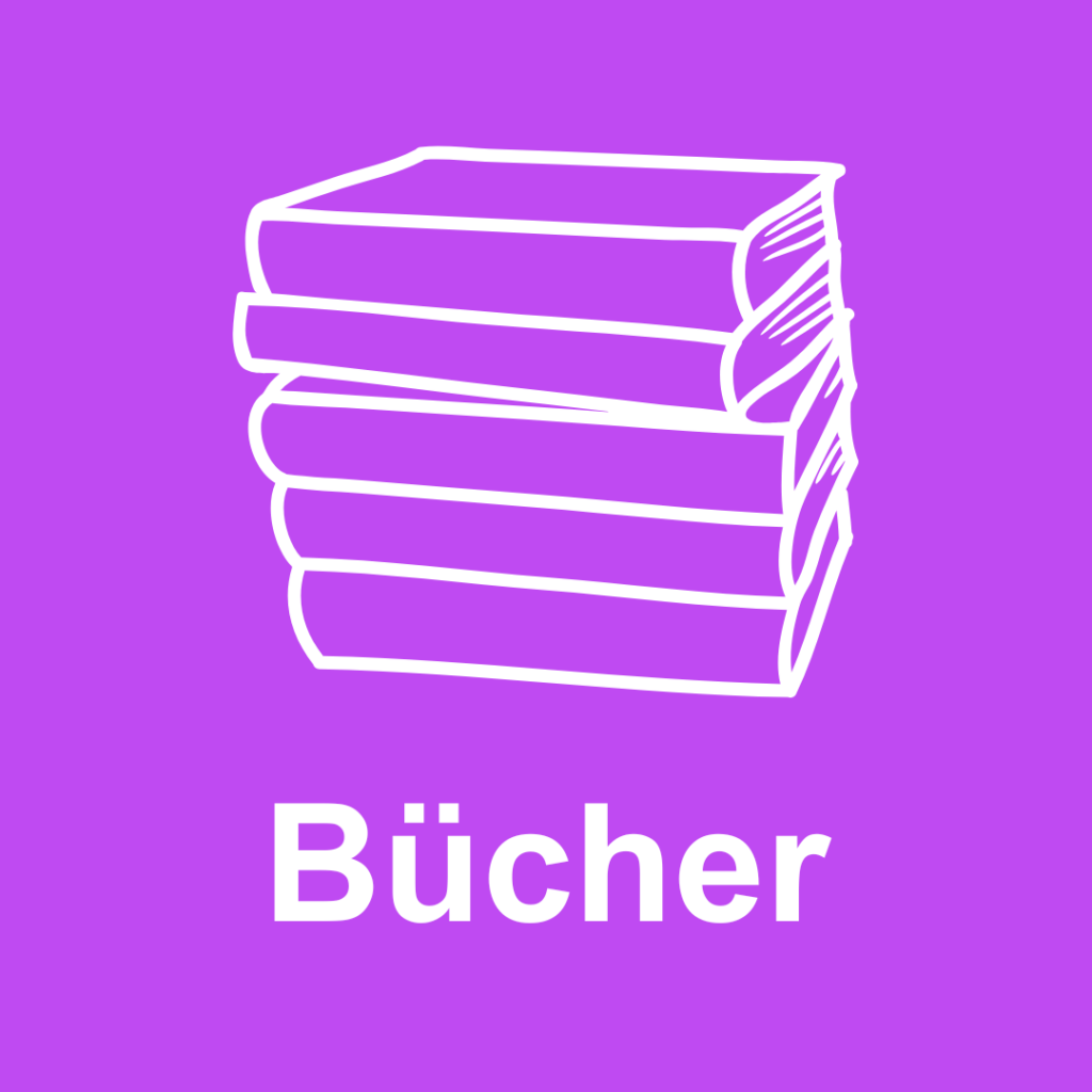 Piktogramm eines gestapelten Bücherhaufens auf lila Hintergrund. Unter dem Symbol steht in weißer Schrift das Wort „Bücher“, was auf Literatur, Lesemedien oder Buchhandel hinweist.