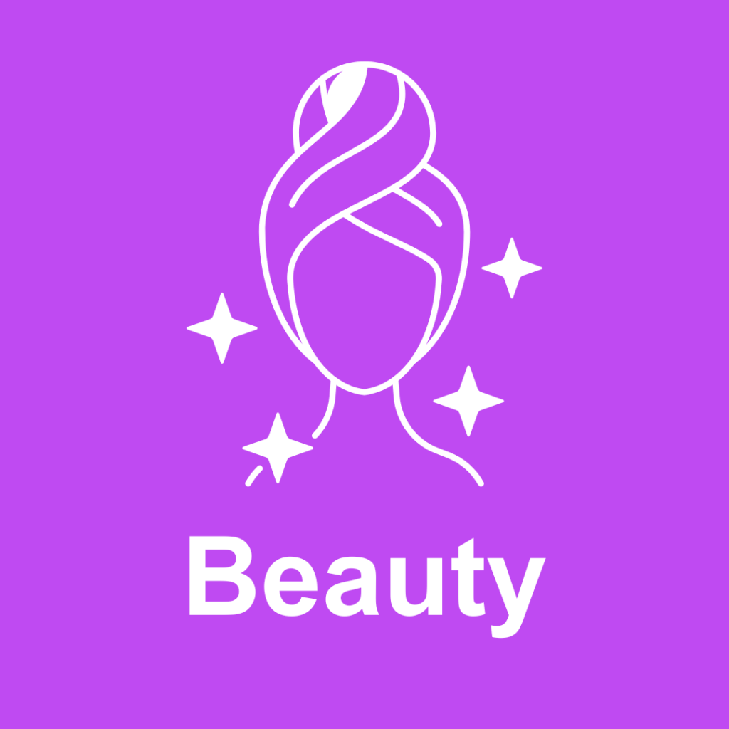 Piktogramm eines stilisierten Gesichts mit hochgestecktem Haar und funkelnden Sternsymbolen auf lila Hintergrund. Darunter steht in weißer Schrift „Beauty“, was auf den Bereich Schönheit und Körperpflege hinweist.