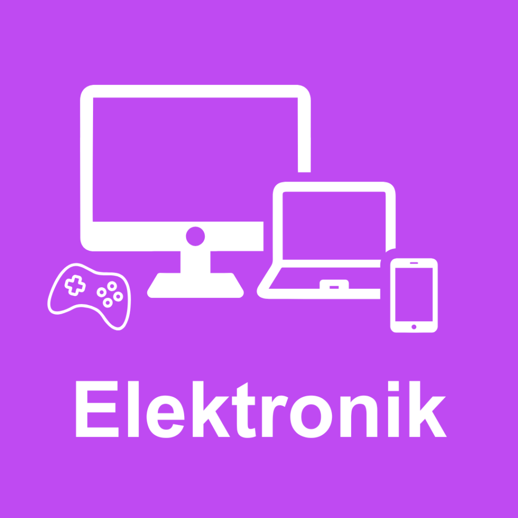 Piktogramm auf lila Hintergrund mit Symbolen eines Monitors, Laptops, Smartphones und Game-Controllers. Darunter steht in weißer Schrift „Elektronik“, was auf den Themenbereich Technik und Unterhaltungselektronik hinweist.