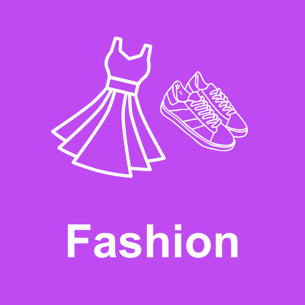 Piktogramm auf lila Hintergrund mit einem stilisierten Kleid und einem Paar Turnschuhe. Unter den Symbolen steht in weißer Schrift das Wort „Fashion“, was auf das Thema Mode hinweist.