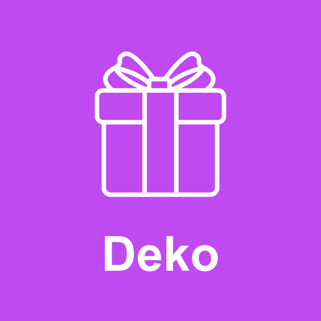 Piktogramm eines Geschenks mit Schleife auf lila Hintergrund. Darunter steht in weißer Schrift das Wort „Deko“, was auf Dekorationsartikel oder Geschenkideen hinweist.