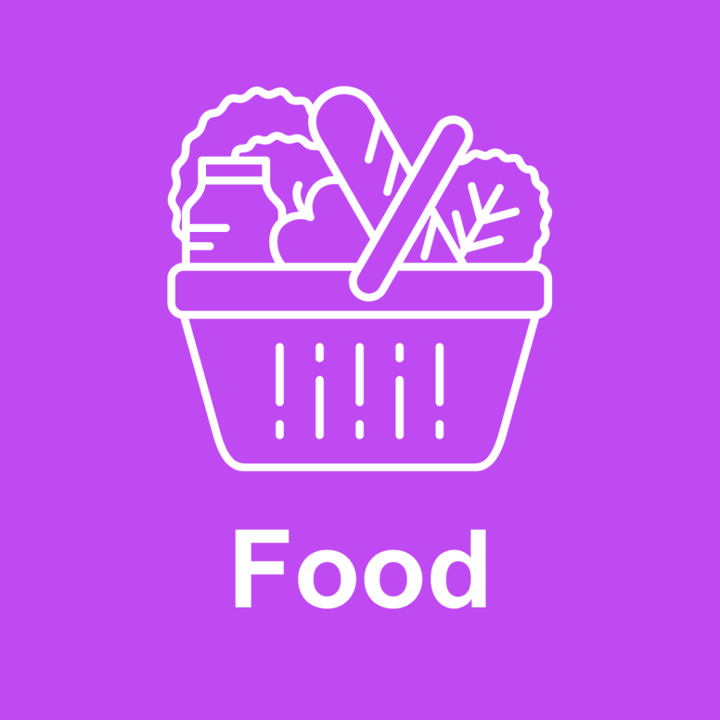 Piktogramm eines gefüllten Einkaufskorbs auf lila Hintergrund. Im Korb befinden sich Lebensmittel wie Brot, Gemüse, ein Getränkekarton und Salat – darunter steht in weißer Schrift das Wort „Food“.