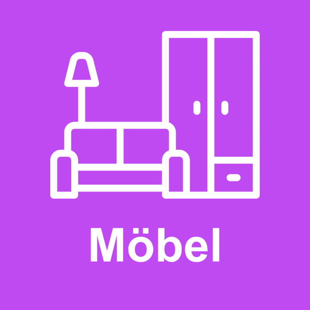 Piktogramm auf lila Hintergrund, das ein Sofa mit Stehlampe sowie einen Kleiderschrank zeigt. Darunter steht in weißer Schrift das Wort „Möbel“, was auf das Thema Einrichtung und Wohnen hinweist.