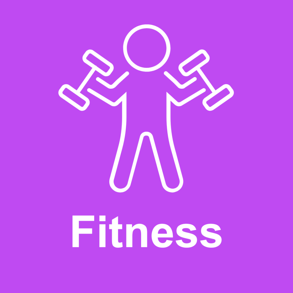 Piktogramm eines stilisierten Menschen auf lila Hintergrund, der zwei Hanteln in den Händen hält. Darunter steht in weißer Schrift das Wort „Fitness“, was auf ein sportliches oder gesundheitsbezogenes Thema hinweist.